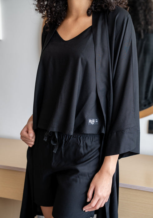 Women summer 3 piece pajama set  Black Top +kimono & short
